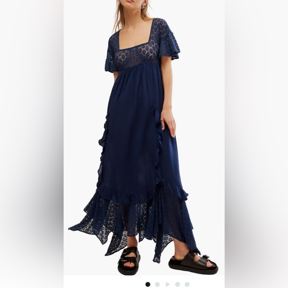 Free People Dresses & Skirts - Free People Bring the‎ Romance Handkerchief Hem Lace Maxi Dress in Navy Blue - S